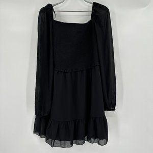Quince Black Chiffon Smocked Long Sleeve Mini Dress sz S Women's NWT